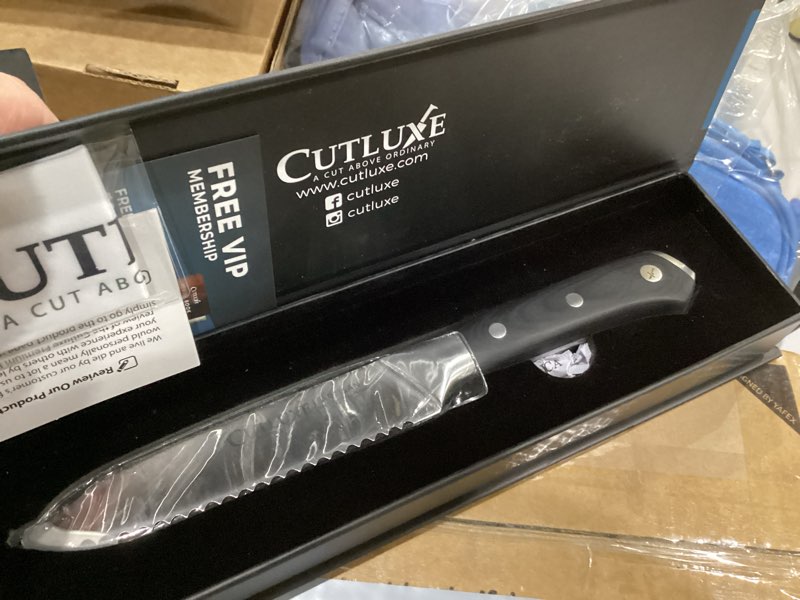 Condition photo showing Good Condition for Cutluxe Serrated Kitchen Utility Knife - 5\" Tomato Knife – Ultra Sharp Blade, Ergonomic Handle, Full Tang, Forged High Carbon German Steel – Artisan Series 5\" Serrated Edge