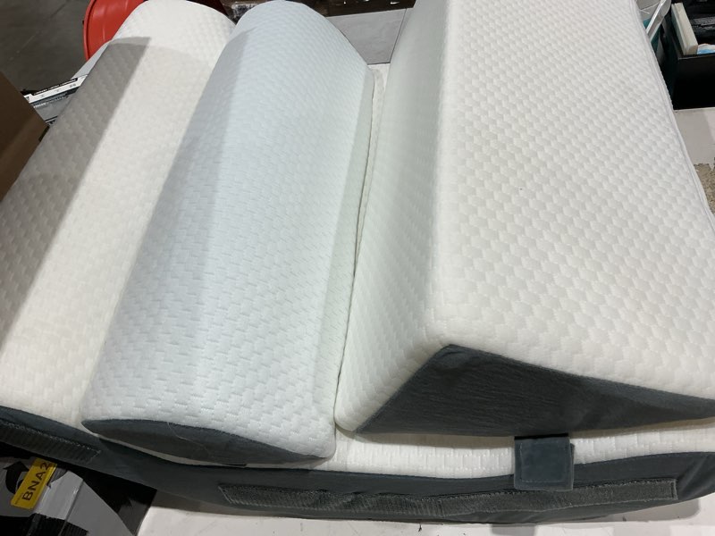 Condition photo showing As Is for set of 4 adjustable wedge pillows for bed, memory foam, for post-surgery, relieving back, neck and leg pain, sleeping sitting up, acid reflux and gerd, white/gray