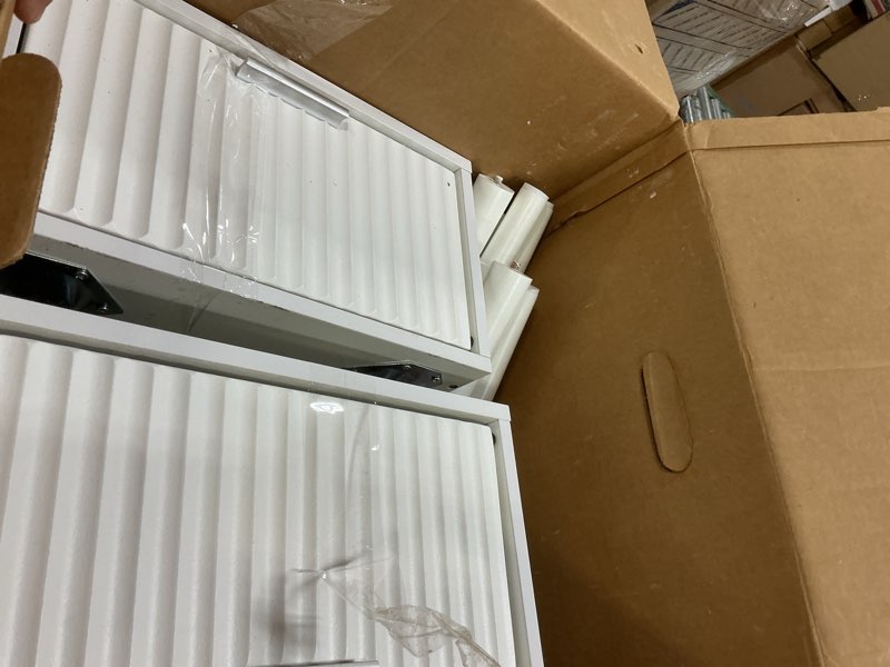 Condition photo showing As Is for LAATOOREE Nightstands Set of 2, Small Side Table, Bedside Table with Fluted Door, Solid Wood Feet; Modern Mid-Century End Table for Bedroom, Small Space (White) White Fluted Style