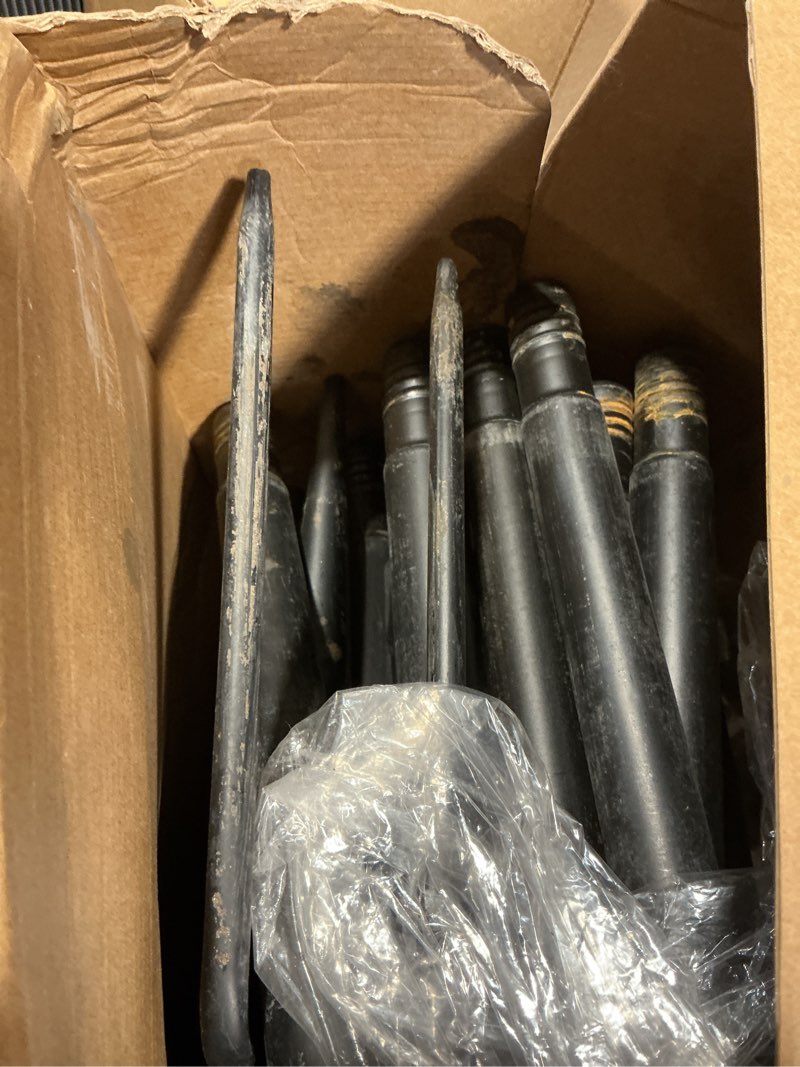 Condition photo showing As Is for 4 pack 10ft string light poles, metal poles with fork for outside lights,outdoor metal light stand with fence brackets hanging lights for garden patio wedding backyard