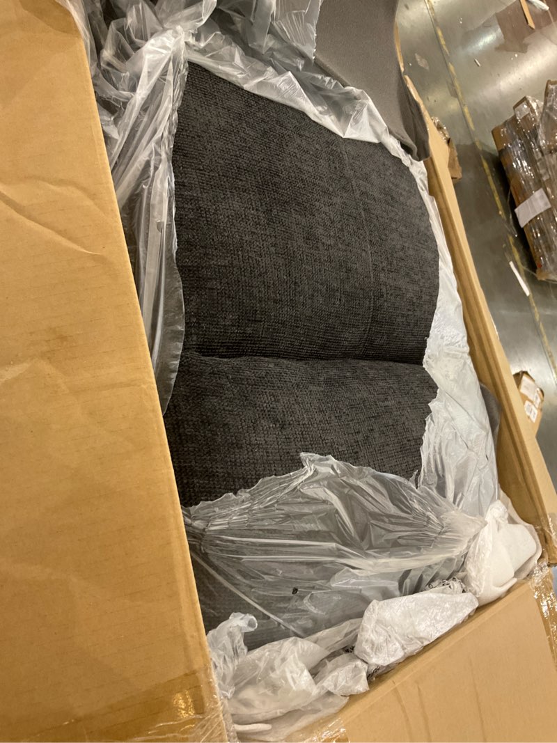 Condition photo showing As Is for Swivel Rocking Recliner Glider Chair, Upholstered Fabric Reclining Rocker Chair with Footrest for Living Room, Nursery, Bedroom, Ergonomic High Backrest, Wide Seat Cushion and Metal Base-Darkgrey