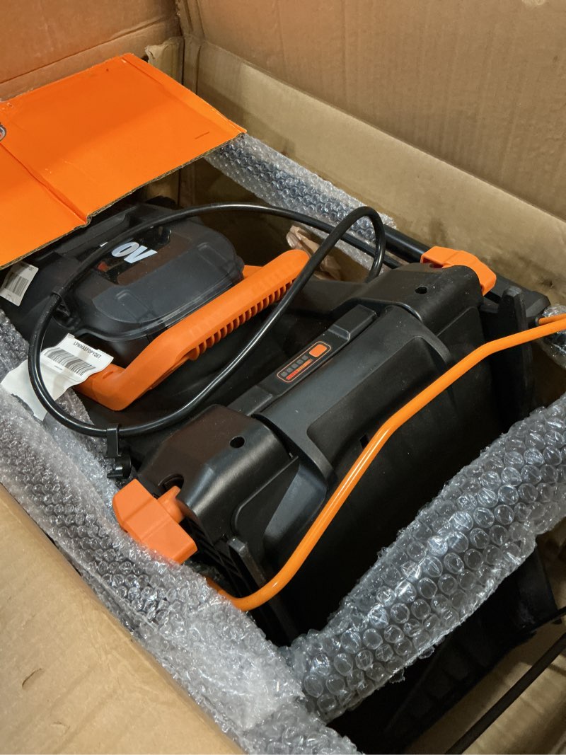 Condition photo showing As Is for worx 14" cordless lawn mower, 2 in 1 electric mower cuts quietly, compact & lightweight push lawn mower with 6-position height adjustment for small yards, 2 batteries & charger included, wg779 14" 40v mower w/(2) 4.0ah batteries