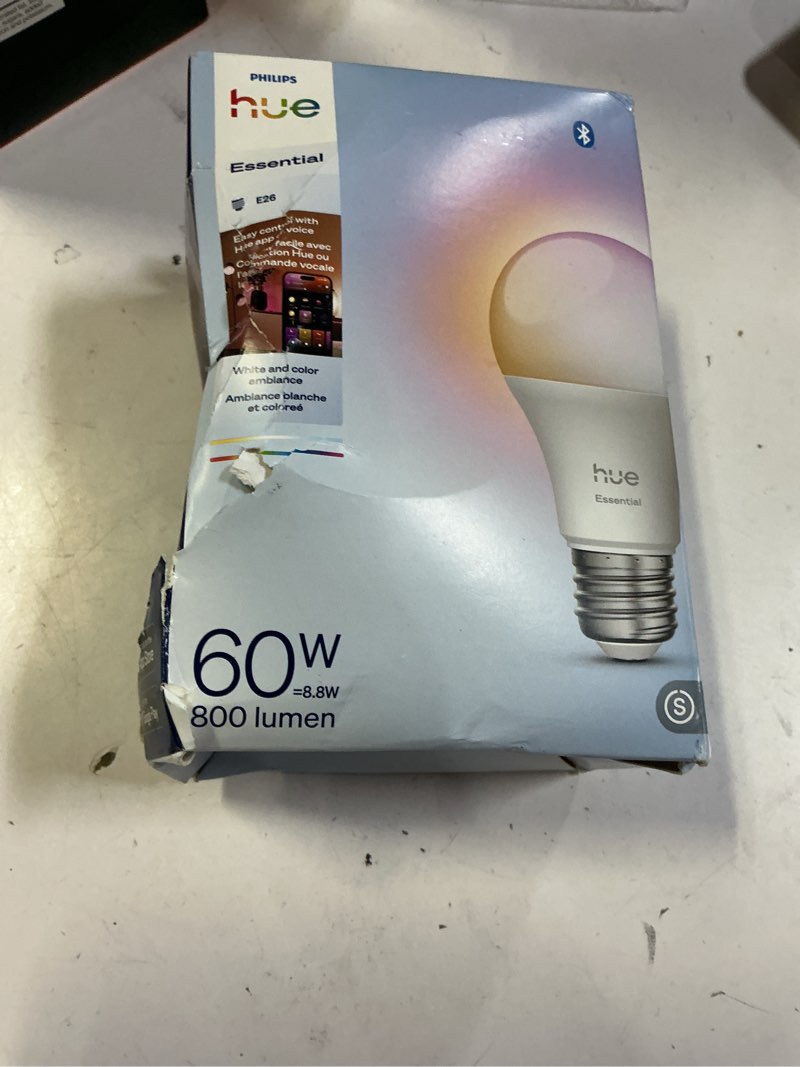 Condition photo showing New/Like New for Philips Hue Essential Smart LED A19 Bulb, White and Color Ambiance, E26 Base, 8.8W, 2200K-6500K, 800 Lumens, Dimmable, Works with Alexa, Google, and Apple Home, 1-Pack 1 Pack