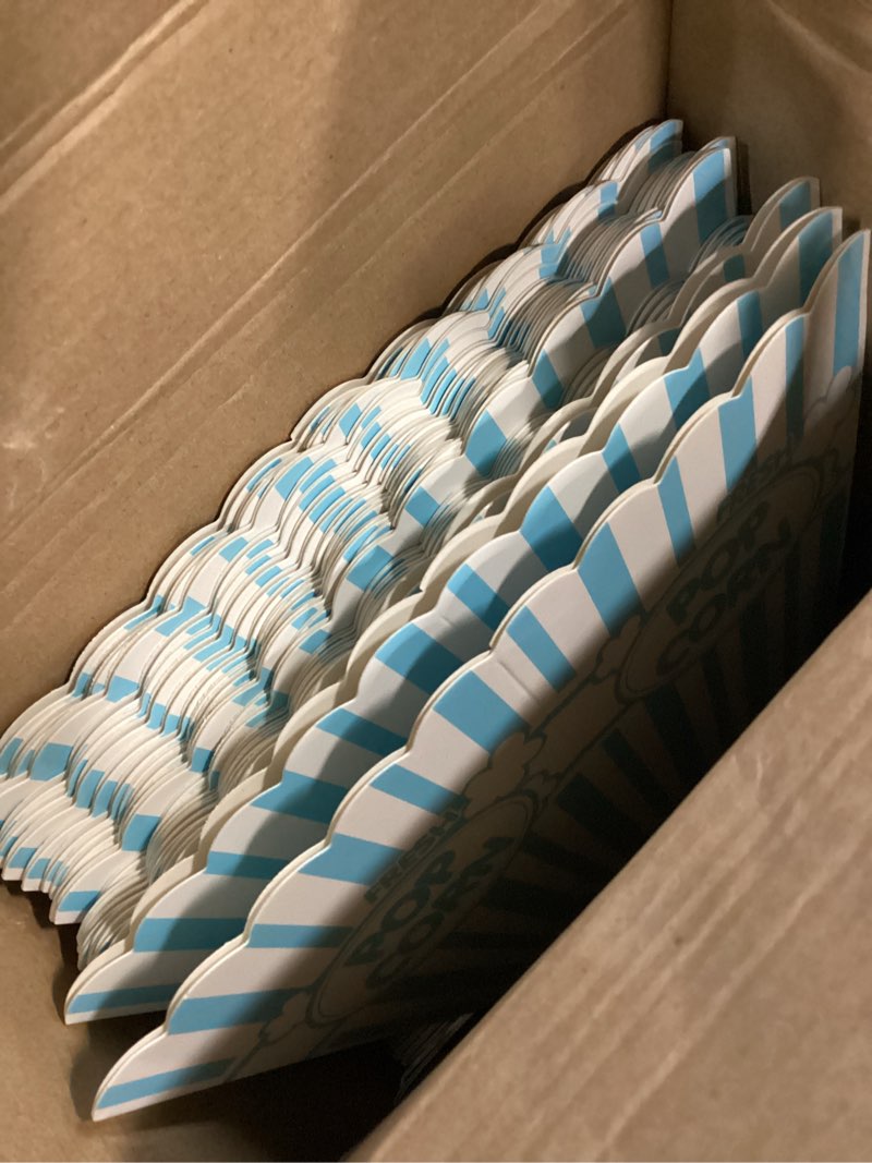 Condition photo showing As Is for xinnun 100 pcs popcorn boxes 32oz classic stripe paper buckets disposable oil proof popcorn container retro open top box for movie night supplies theaters carnival birthday party(light blue and white)