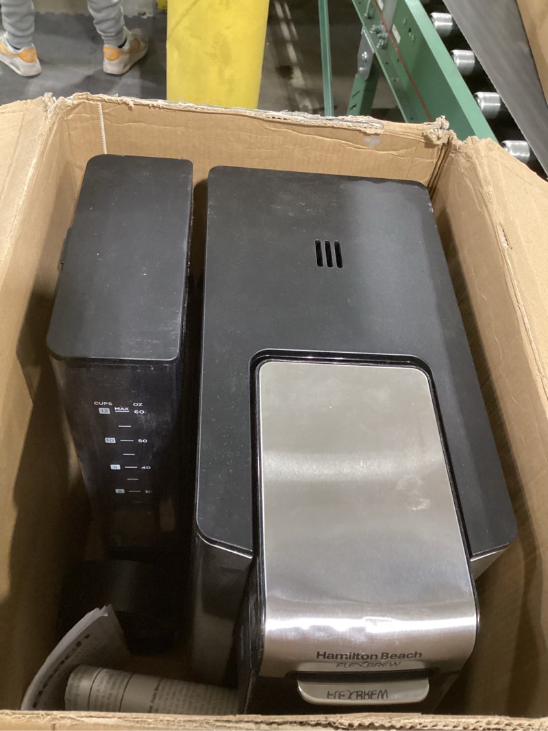 Condition photo showing As Is for Hamilton Beach FlexBrew Advanced 5-in-1 Thermal Programmable 12 Cup Drip and Single Serve Hot & Iced Coffee Maker, Movable 60oz. Water Reservoir, Use Pod Packs and Grounds, Fast Brewing, Black (49929)