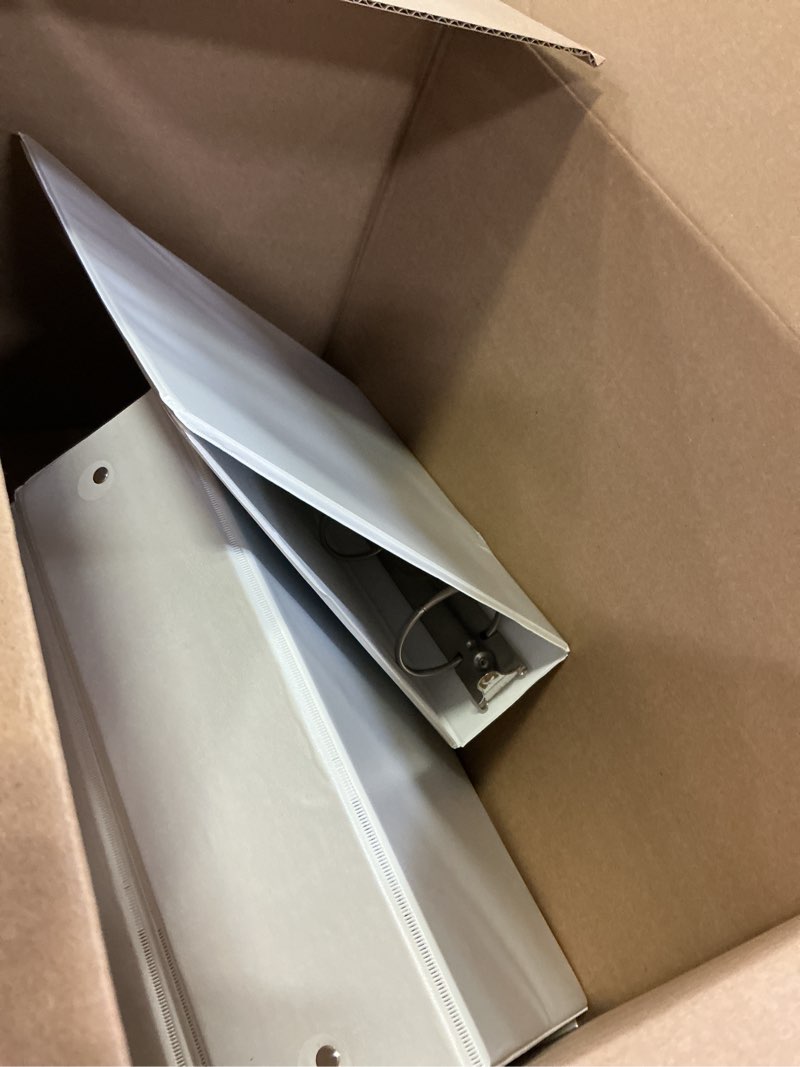 Condition photo showing As Is for cardinal economy 3-ring binders, 3", round rings, holds 625 sheets, clearvue presentation view, non-stick, white, carton of 12 (90651) white 3 inch binders