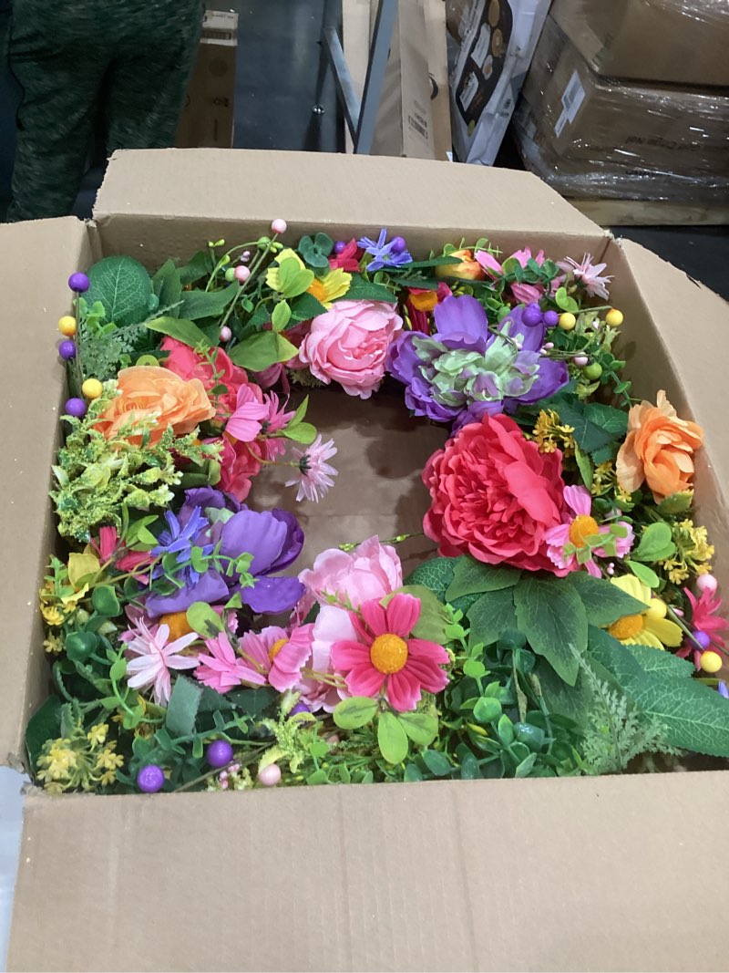 Condition photo showing New/Like New for briful 23 inch spring floral wreaths for front door, realistic artificial peonies, rose & wild daisy flowers with berry accents, summer door wreath for mantle fireplace, farmhouse home decor