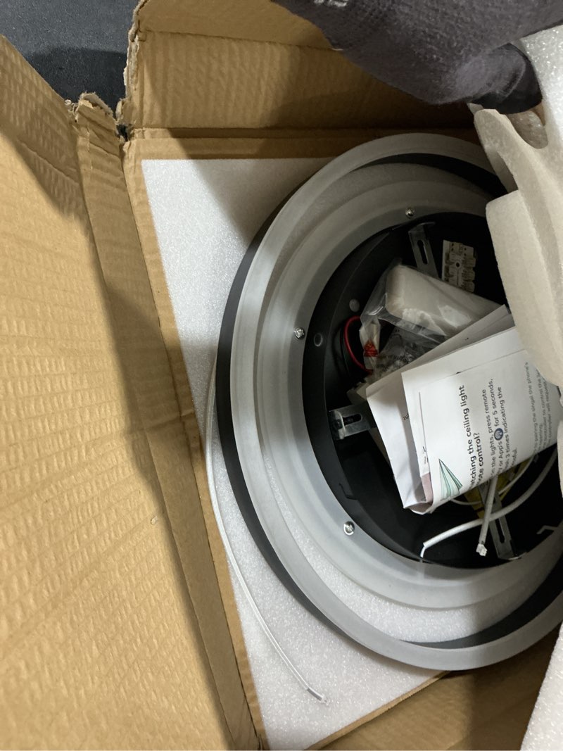 Condition photo showing Good Condition for o'neeldy modern dimmable led flush mount ceiling light remote control acrylic ring chandelier, 48w 3000k-6000k adjustable, black fixture for bedroom, living room, dining room, kitchen and hallway black ceiling light, 3-light