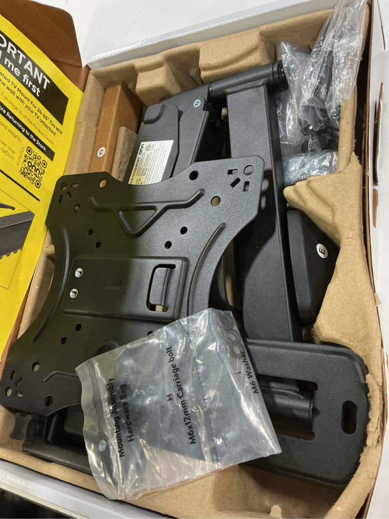 Condition photo showing As Is for onn spring assisted full motion mount for 24  to 65  tvs  etl listed  holds upto 66 lbs