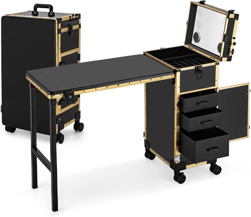 zhenguiru rolling manicure table foldable nail desk 4 drawers, makeup organizer blueteeth speaker on wheels, travel makeup case with led mirror tsa lock for technician workstation salon cosnail-w