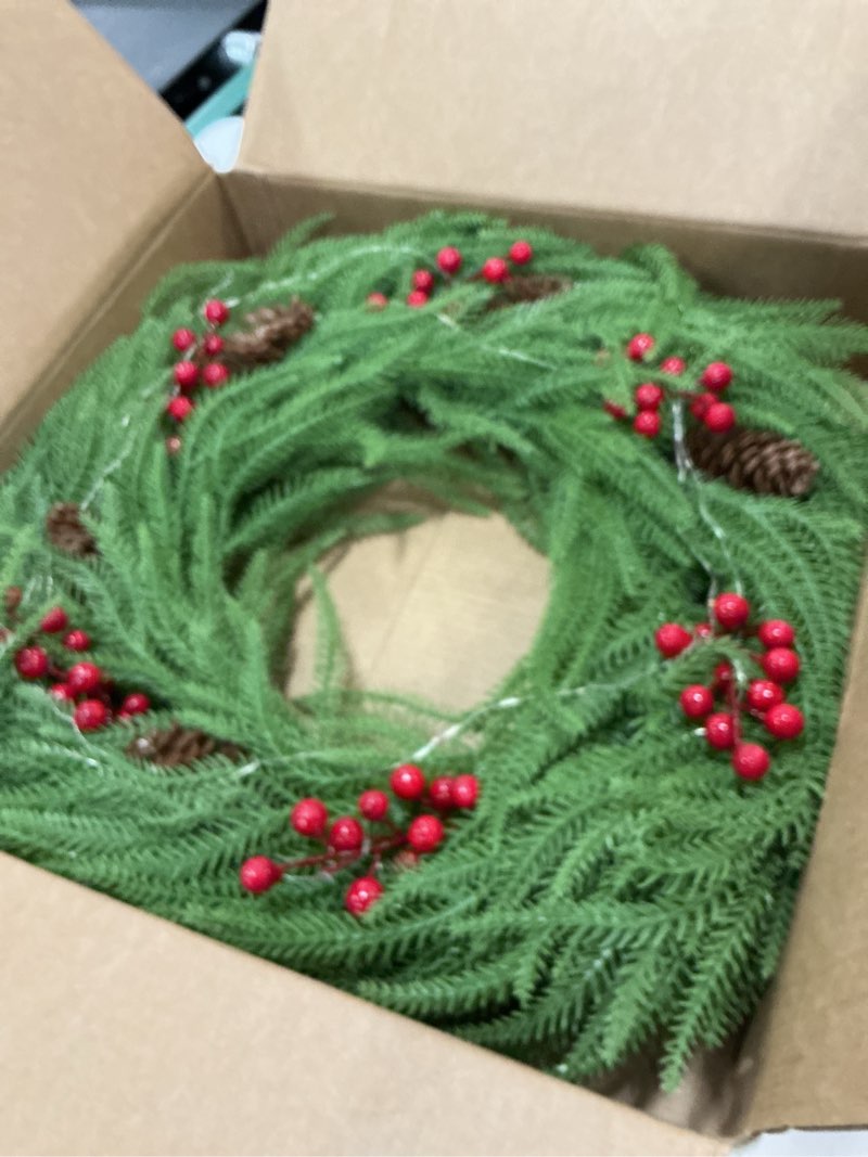 Condition photo showing New/Like New for 24 Inch Lighted Christmas Wreath for Front Door?Norfolk Pine Green Prelit Christmas Wreaths, Real Touch Wreath for Home Decorations Xmas Indoor Outdoor Decor (Green)