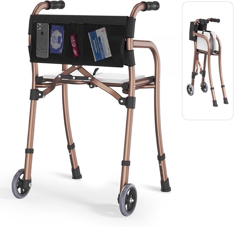 Walkers for Seniors with Seat, Lightweight Folding Space Saver Mobility Rolling Walker,Height Adjust