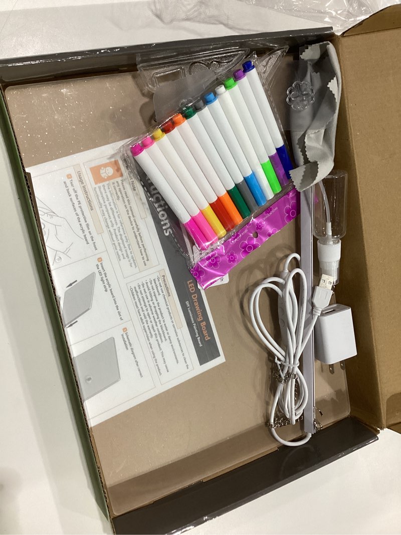 Condition photo showing As Is for LED Drawing Board for Kids - 13.7x10.6 Inch Erasable Acrylic Doodle Pad with 12 Fluorescent Markers,Canvas Pads,Stand, 7 RGB Colors & 4 Modes - Creative Fun & Christmas Gift for Grandkids Clear