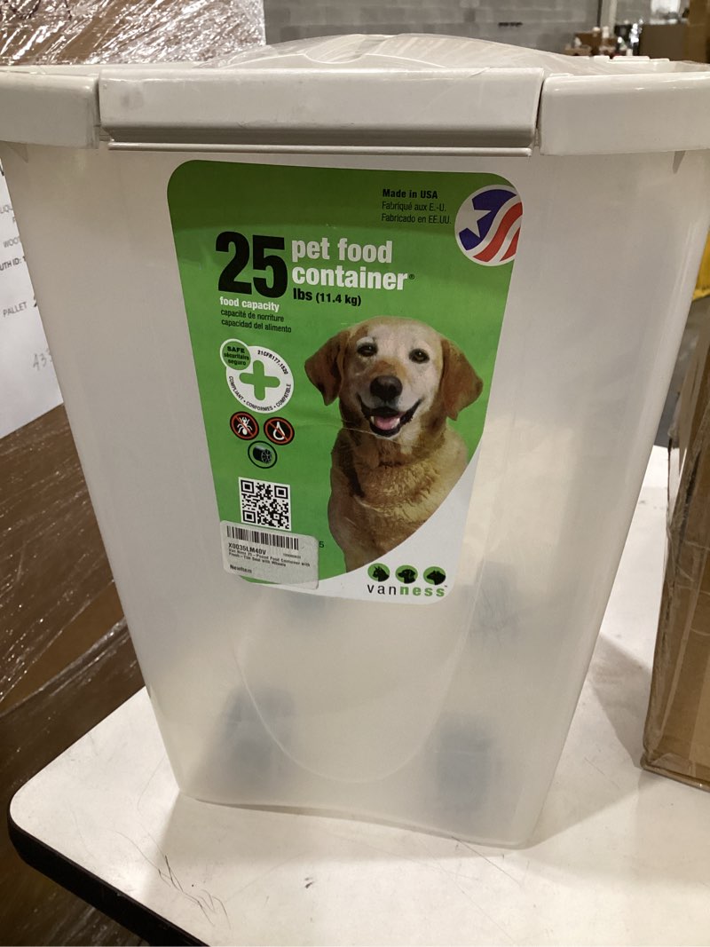 Condition photo showing As Is for van ness 25-pound food container with fresh-tite seal with wheels