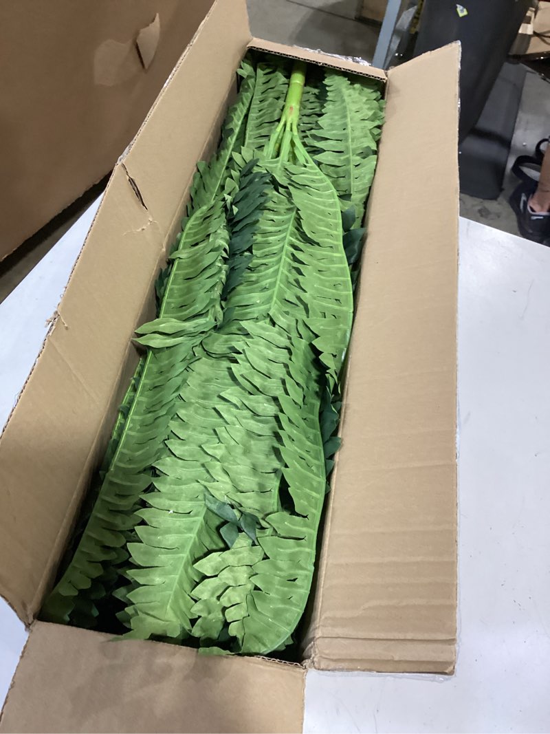 Condition photo showing As Is for forest prince 42" artificial boston fern large bush plants, 2 bundles of fake ferns with 65 fronds for outdoors home decor