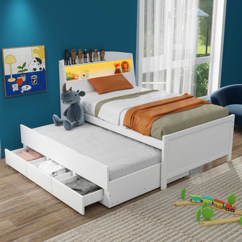 Twin Size Platform Bed with Storage LED Headboard Twin Size Trundle and 3 Drawers White (Box 2 of 2 only)