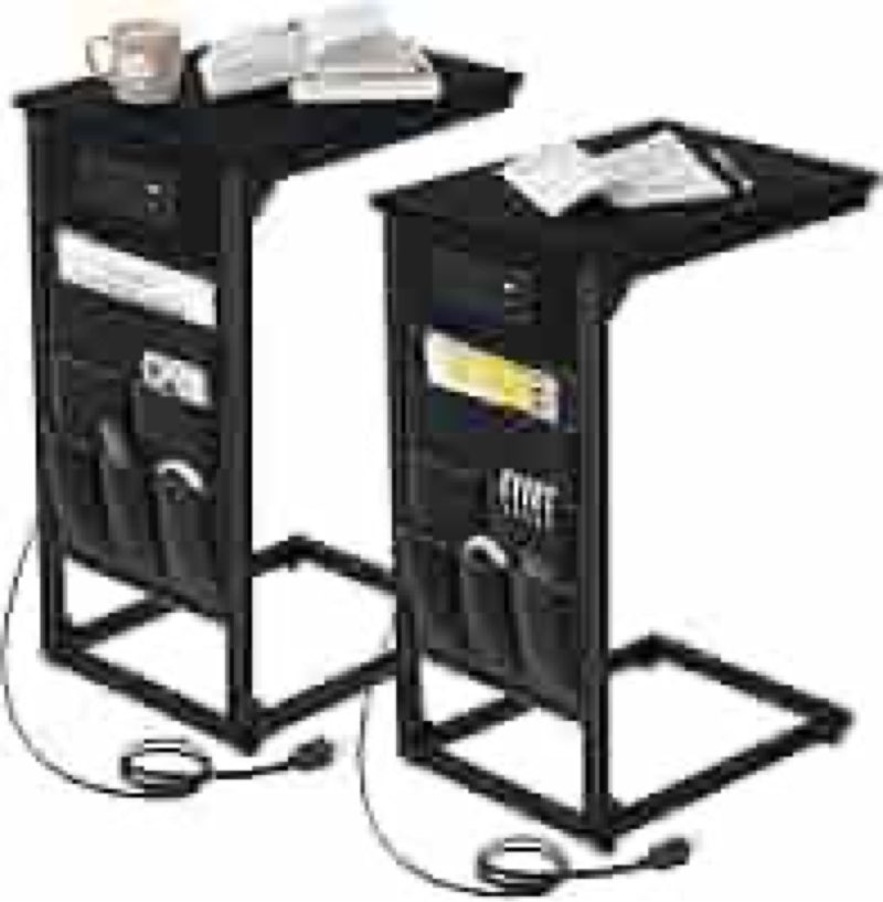 AMHANCIBLE C Shaped End Table with Charging Station Set of 2,Side Table with USB Ports and Outlets for Small Spaces, C Couch Table Slide Under for Sofa, Snack Tables for Living Room Bedroom Black
