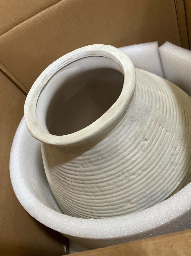 Condition photo showing Good Condition for 12” ceramic distressed vase handcrafted rustic neutral decorative floor vases home decor accent for living room, dining table, entryway or shelf styling