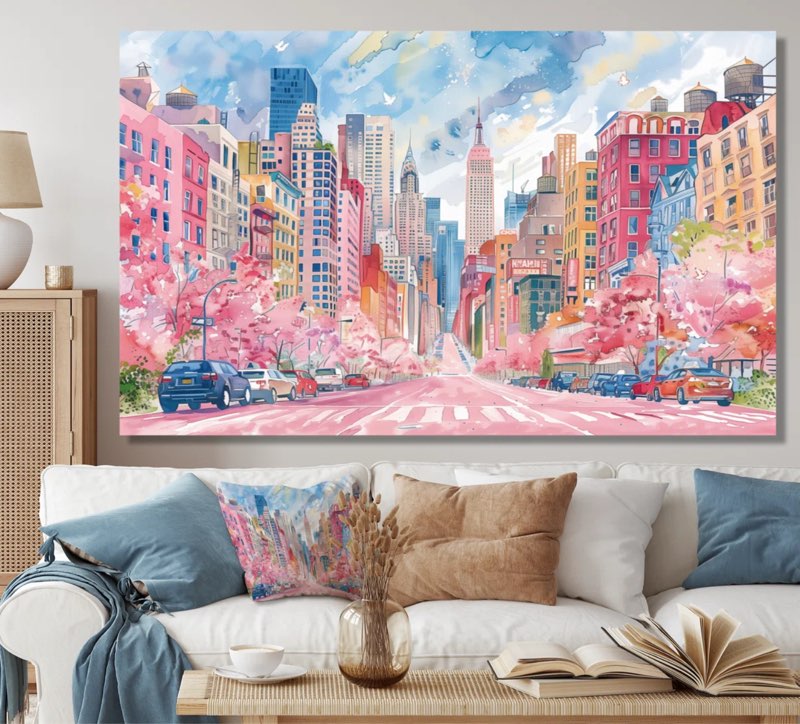 Pink Blue New York City Buildings In The Summer - New York City Wall Art Living Room