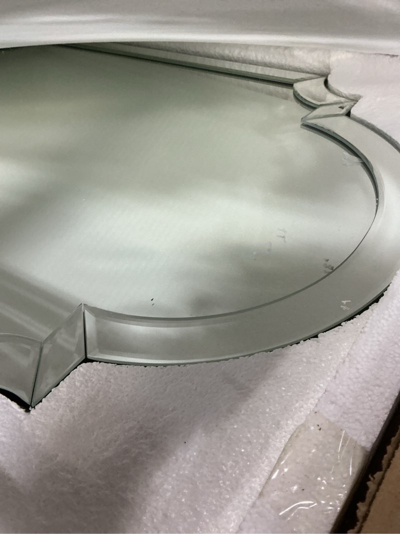Condition photo showing New/Like New for chende large arched wall mirror, 33.5" x 21.6" bathroom mirror with glass beveled edge, modern wall decorative mirror for elegant living room, dining room, bedroom