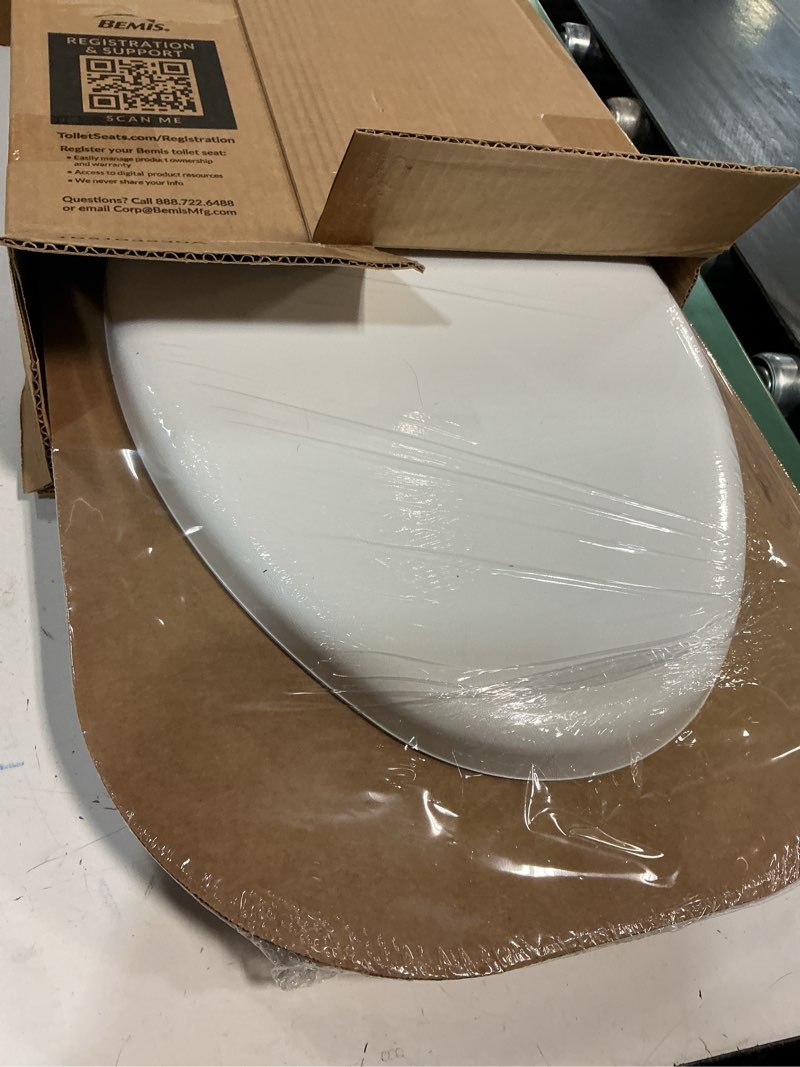 Condition photo showing New/Like New for mayfair padded toilet seat, cushioned soft vinyl over wood core seat, secure hinges, easy clean, elongated, white elongated white toilet seat