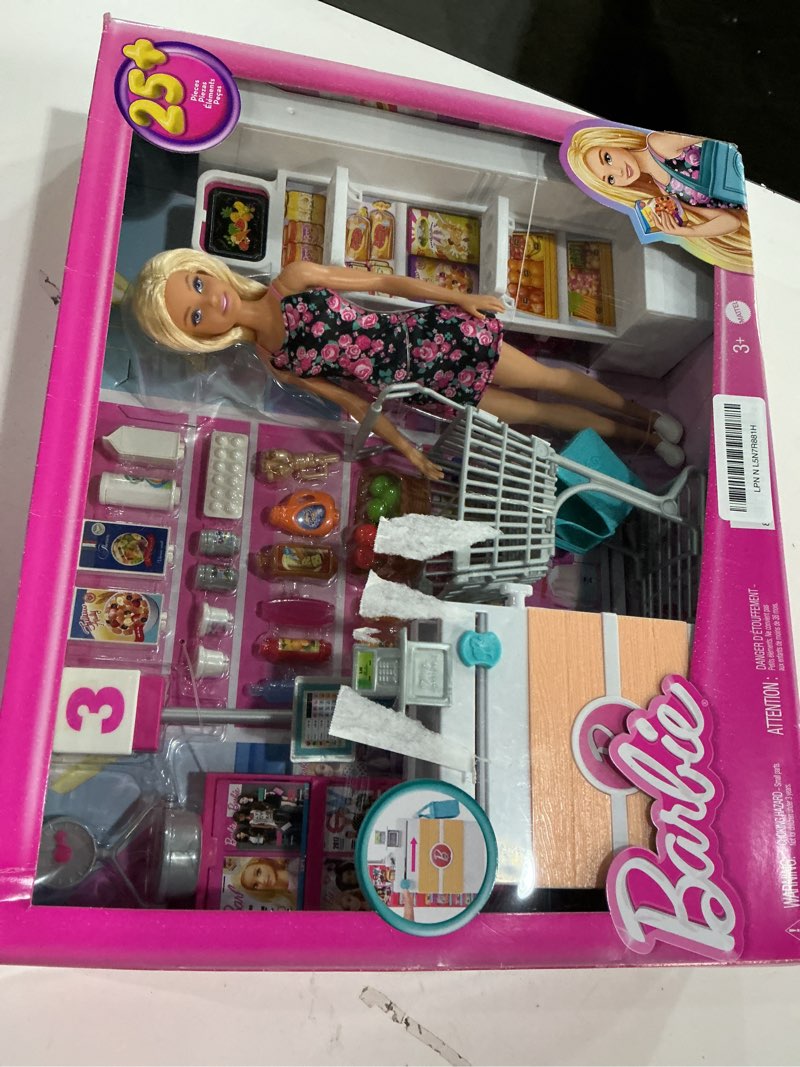 Condition photo showing New/Like New for Barbie Doll, Blonde, and Grocery Store with Rolling Cart and Working Belt Supermarket