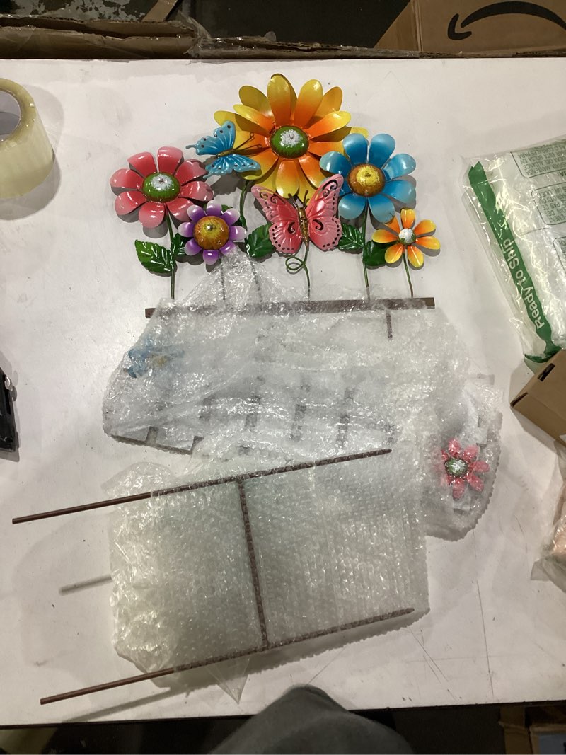 Condition photo showing Good Condition for colorful flower garden stake with butterflies & white fence, outdoor yard art decor, metal floral lawn stakes for garden, patio, flower bed, spring & summer outdoor decoration