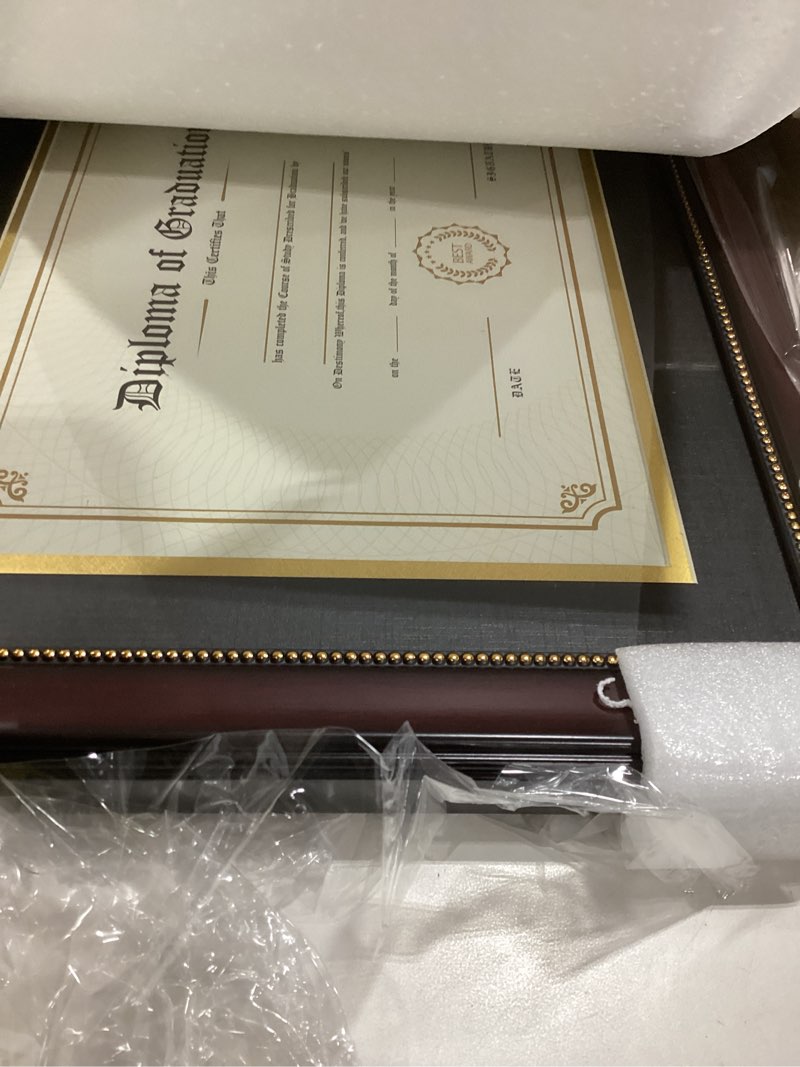 Condition photo showing Good Condition for GraduationMall 11x17 Mahogany Diploma Frame with Tassel Holder for 8.5x11 Certificate Document,Real Glass, Black over Gold Mat Mahogany With Gold Beads Diploma + Tassel