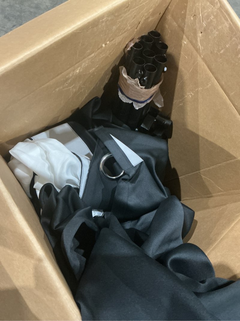 Condition photo showing As Is for portable fitting room, thick polyester curtains, privacy space with hook, for boutique or outdoor use,color black and white.))