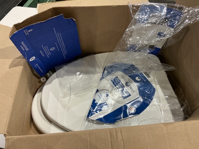 Condition photo showing As Is for mayfair sculptured basketweave slow close toilet seat, easy clean hinges with durable wood seat, made in usa, elongated, white elongated basket weave