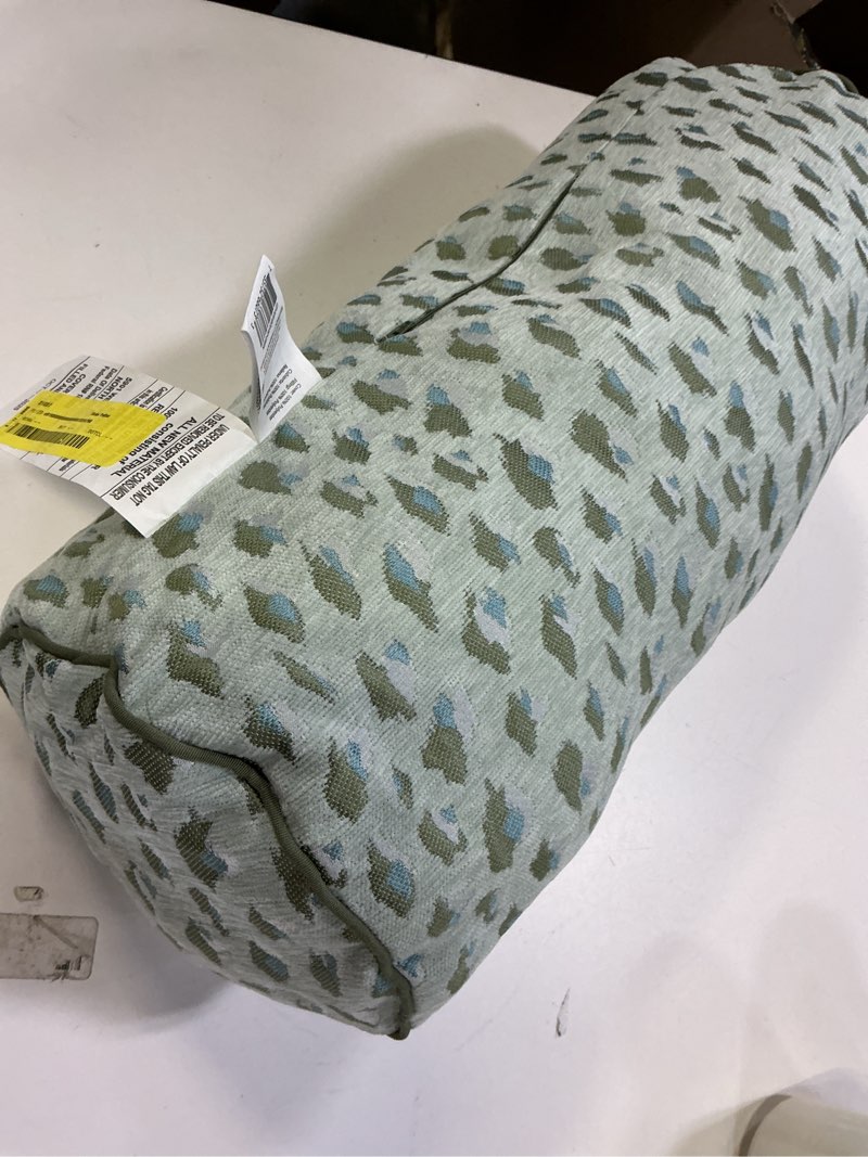 Condition photo showing Good Condition for home decor collection 8  x 20  green woven leopard bolster decorative pillow