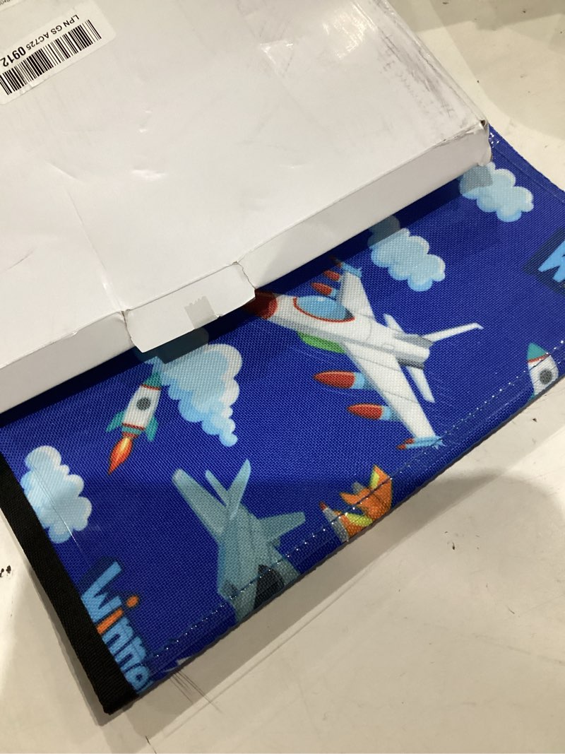 Condition photo showing As Is for coolbebe airplane tray table cover, foldable travel tray cover for toddlers 1-3, universal fit for airplane, car seat, high chair, machine washable, portable, blue plane