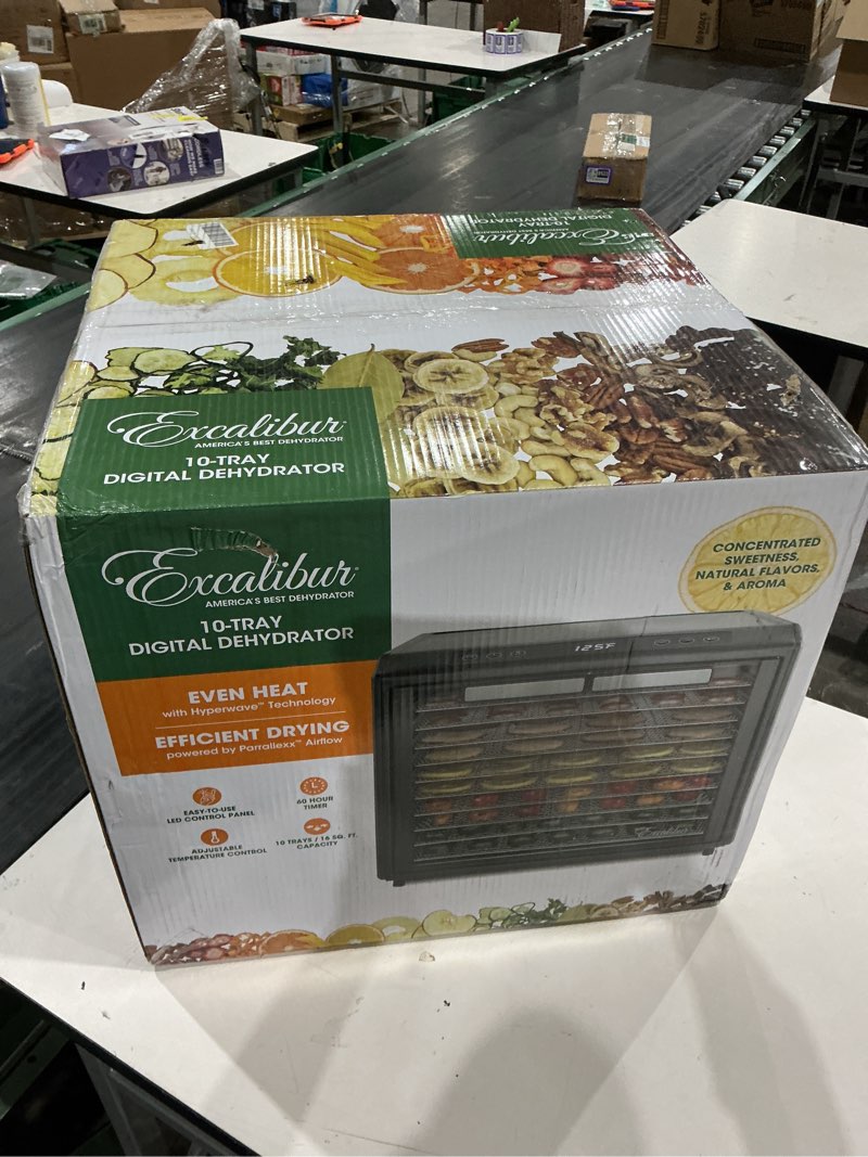 Condition photo showing New/Like New for excalibur food dehydrator 10-tray select series for jerky, fruit, vegetables, herbs, pet treats, stainless steel with glass doors and 60 hour digital timer, 10-tray, black
