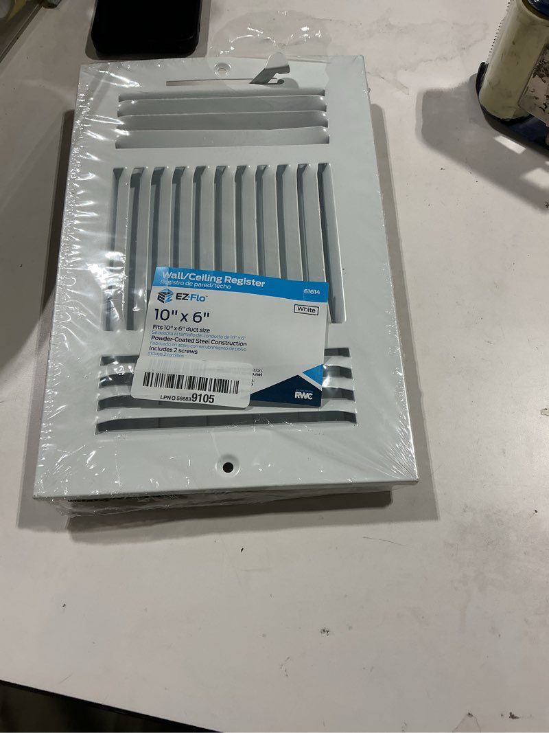 Condition photo showing Good Condition for ez-flo 10 x 6 inch (duct opening) air vent cover for wall or ceiling, three-way ventilation register, solid steel hvac register cover, white, 61614 10 in. x 6 in. white