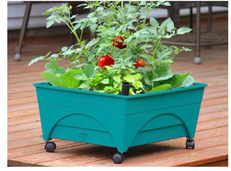 24.5 in. x 20.5 in. patio raised garden bed grow box kit with watering system and casters in aquamarine