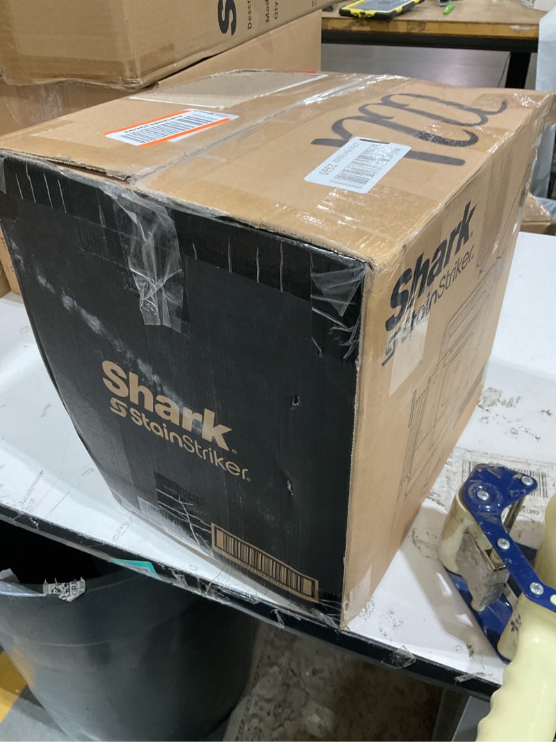 Condition photo showing As Is for shark stainstriker portable carpet & upholstery cleaner w/on board self cleaning - spot, stain, & odor eliminator, includes 2 cleaning tools & 2 cleaning solutions, charcoal, px221brn stainstriker w/ onboard self-cleaning