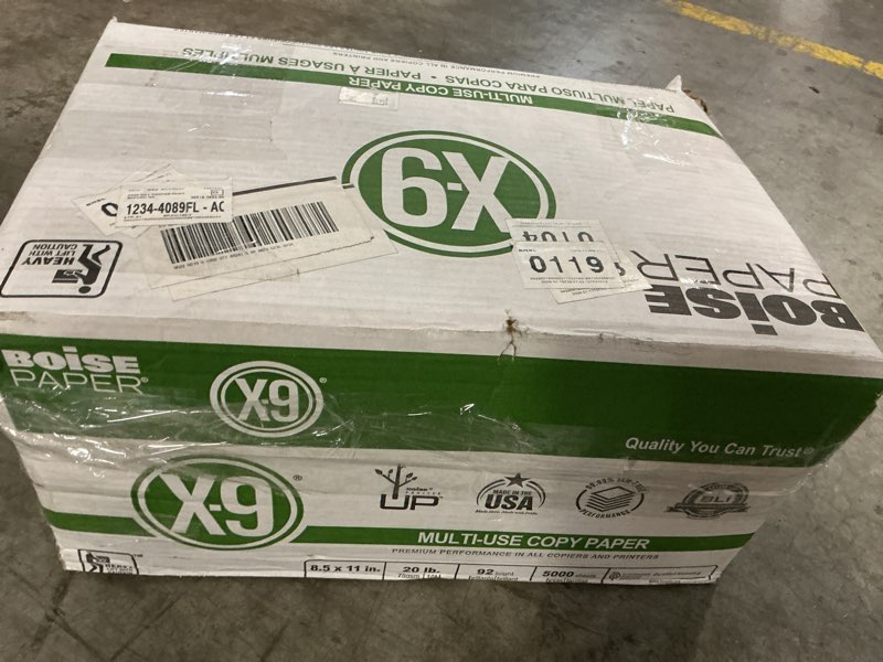 Condition photo showing As Is for boise x-9 multi-use printer & copy paper, 10 reams, white, letter (8.5in x 11in), 5000 sheets per case, 20 lb, 92 brightness