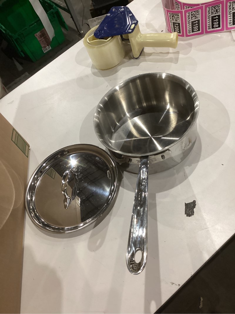 Condition photo showing As Is for all-clad d3 3-ply stainless steel sauce pan with lid 3 quart, induction, oven broiler safe 600f, multipurpose, compatible w/ all cooktops, for restaurant or home kitchen, pots & pans, cookware, silver 3 quarts