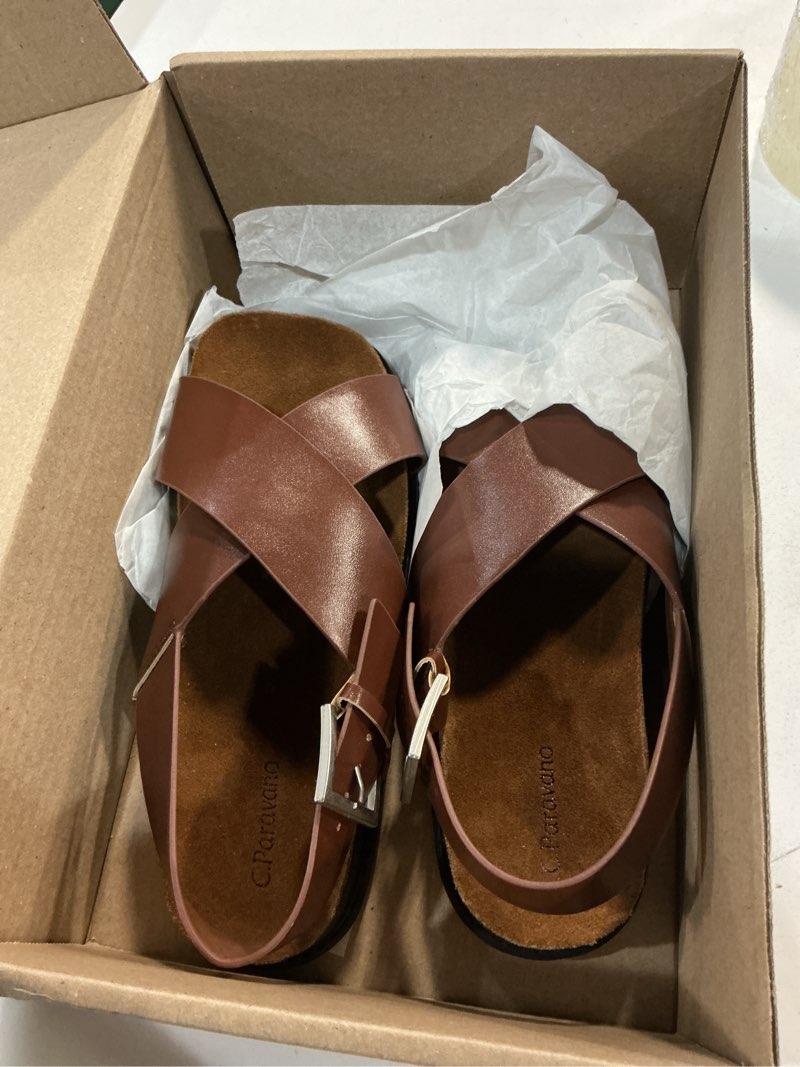 Condition photo showing Good Condition for c.paravano women sandals | women's slide sandals | comfortable dressy flat sandals | sandals with arch support | adjustable buckle slip on 8 brown