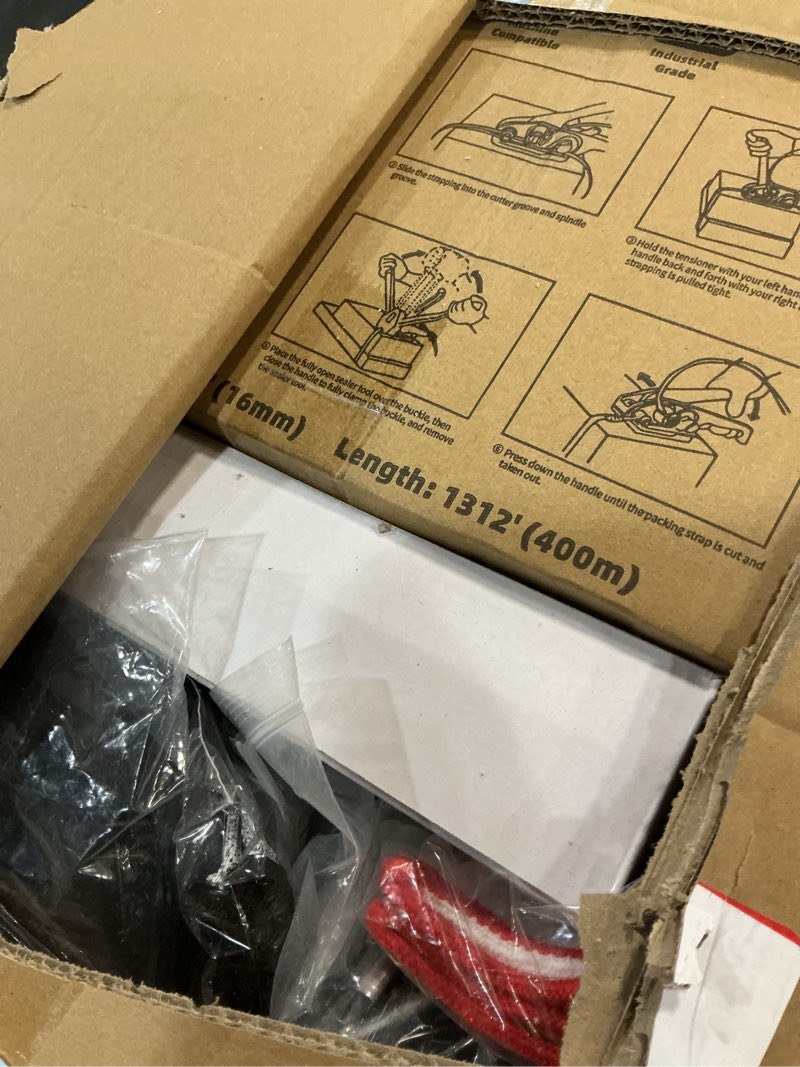 Condition photo showing Good Condition for banding strapping kit, heavy duty pallet packaging kit with >1500lbs 5/8" x 1300' pet strapping roll, 300 metal seals, 100 corner protectors, strapping tensioner, banding sealer tool 1300' pet banding strapping kit