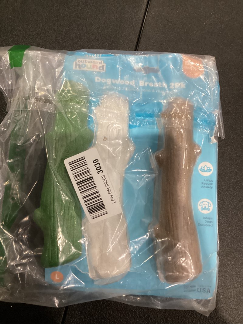 Condition photo showing As Is for Outward Hound Dogwood Wood Durable Dog Chew Toys, Real Wood & Mint, 2-Pack, Large