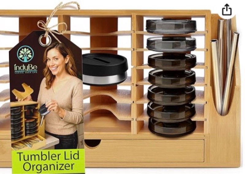 indyBe Bamboo Tumbler Lid Organizer – Space Saving Multi-Tier Storage Rack with Straw Holder and Gas