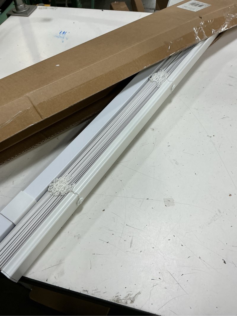 Condition photo showing As Is for lazblinds no tools no drill 1" vinyl mini blinds, cordless blinds for windows, light filtering horizontal window blinds & shades, 33" w x 48" h, white cordless-white 33" w x 48" h