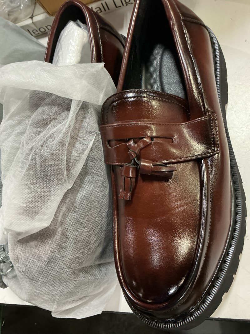 Condition photo showing New/Like New for men's fashion chunky platform penny loafers luxury round toe slip-on dress shoes with non-slip lug sole for business work and daily casual wear sizes 6-14 brown 10