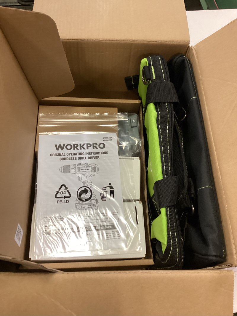 Condition photo showing As Is for WORKPRO Home Tool Set with 20V Cordless Lithium-Ion Drill Driver, Household Repairing Tool Kit with Drill, 157PCS Power Drill Sets, 14-Inch Wide Mouth Storage Tool Bag, Green Grey