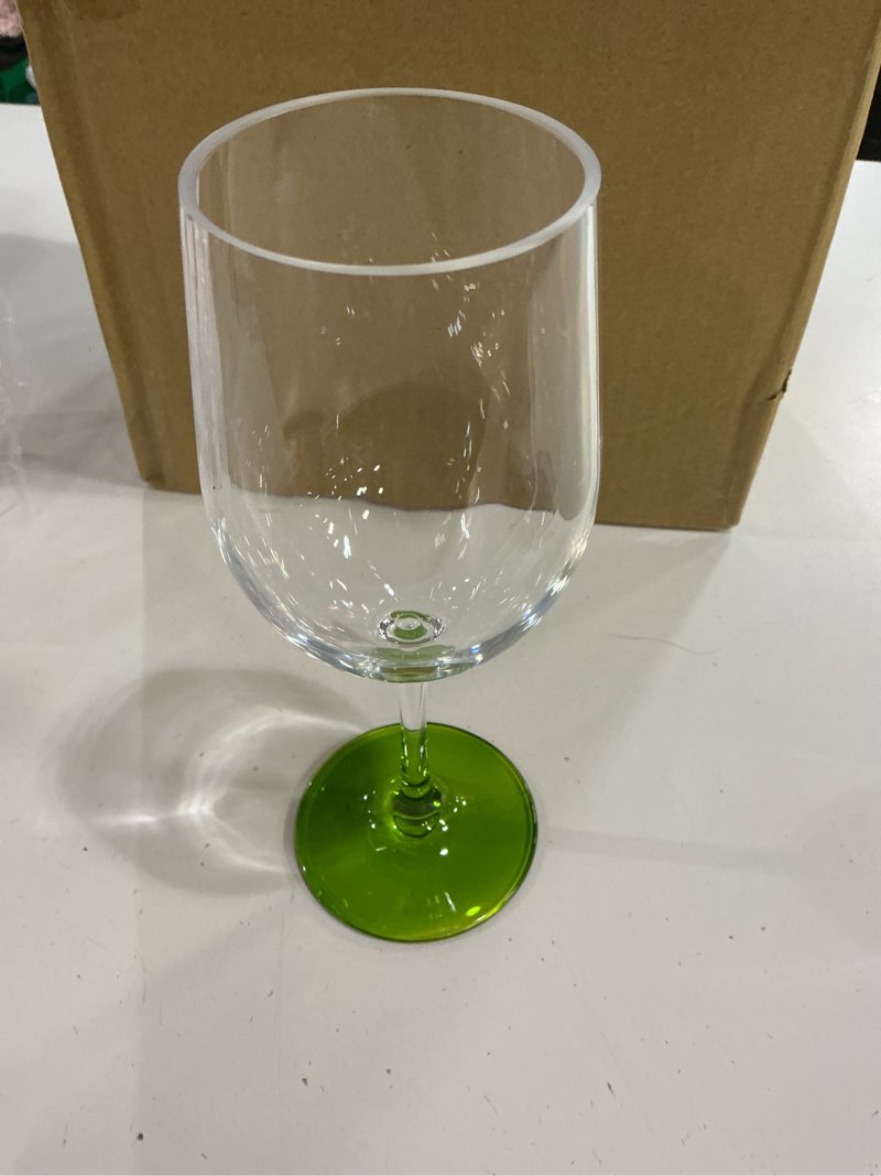 Condition photo showing New/Like New for red co. set of 6 classic clear acrylic 12 fl oz outdoor wine goblets with colored bases