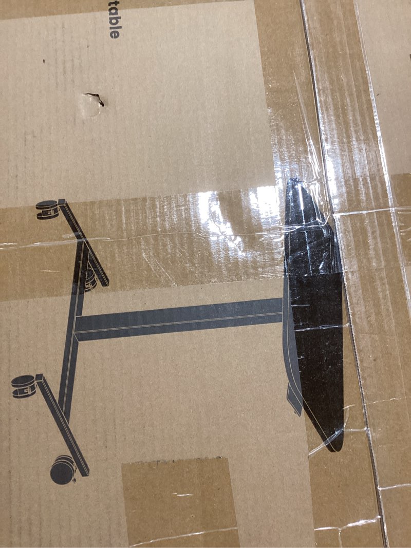 Condition photo showing New/Like New for HUANUO Small Rolling Laptop Standing Desk, Height Adjustable Mobile T-Base Desk with Lockable Casters, Portable Sit-Stand Workstation for Bedside & Sofa, Walnut