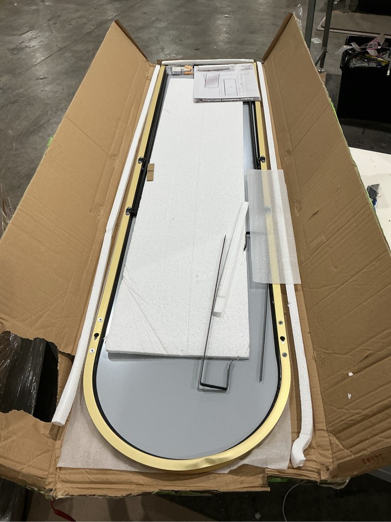 Condition photo showing As Is for antok 58" x19” arched full length floor mirror, gold aluminum frame, free standing/wall mount/leaning for bedroom, living room, dressing room gold 58"l x 19"w