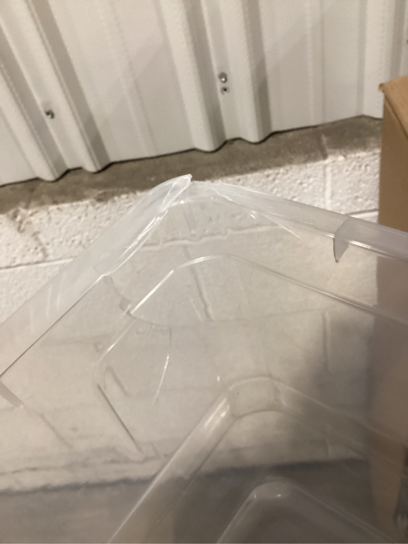 Condition photo showing As Is for project source x-large 17.5 -gallons ( 70 -quarts ) clear stackable underbed tote with standard