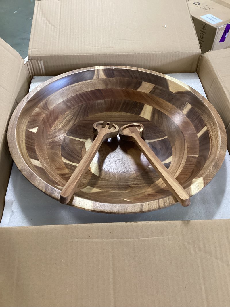 Condition photo showing New/Like New for LemonRoad Extra Large 18 Inch Acacia Wood Salad Bowl Set with Serving Utensils Wooden Serving Bowl for Fruits, Pasta, Salad Farmhouse Kitchen for Housewarming Wedding Christmas Gift